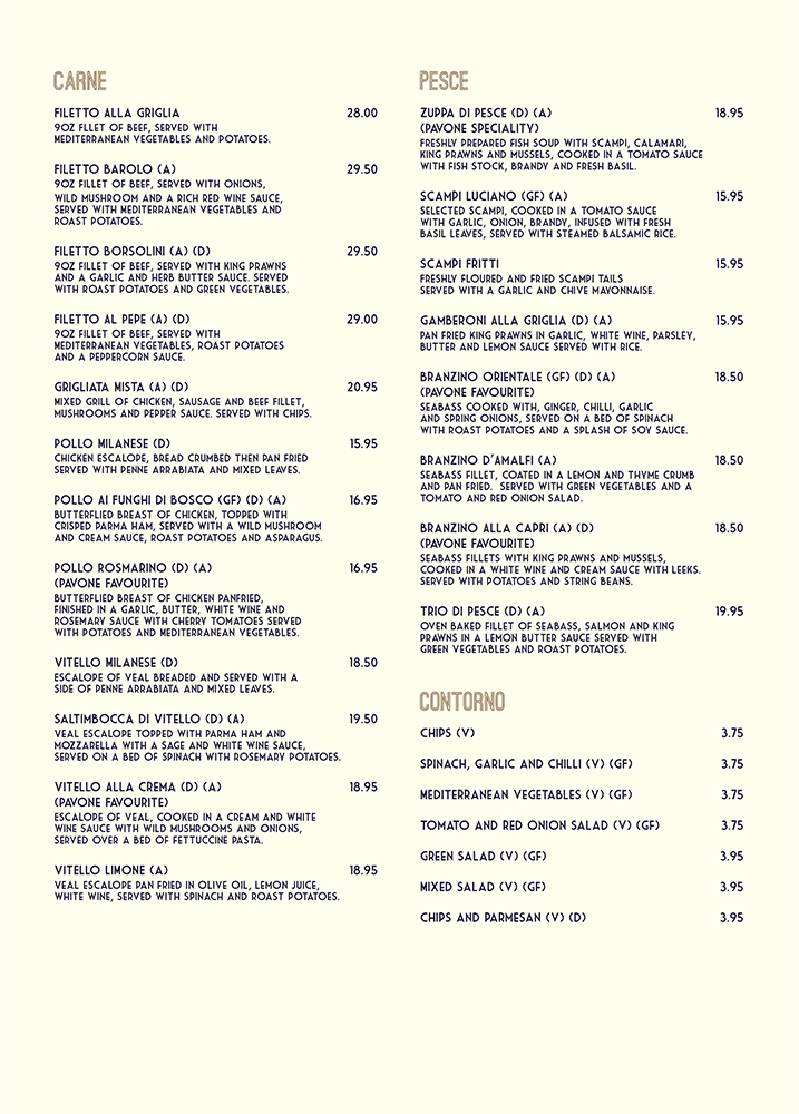 A la Carte Menu Il Pavone Restaurant